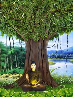 a painting of a buddha sitting under a tree in the middle of a green field