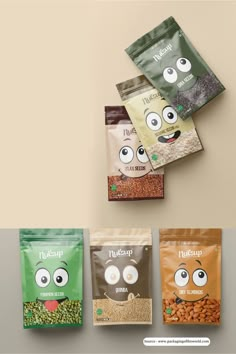 three bags of food with eyes on them