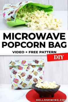 the microwave popcorn bag is on display with other items