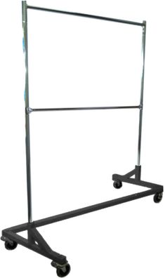 a large metal rack with wheels on the bottom and one end holding a white board