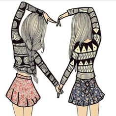 two women in sweaters are facing each other with the words, we love the same thing but each different ways