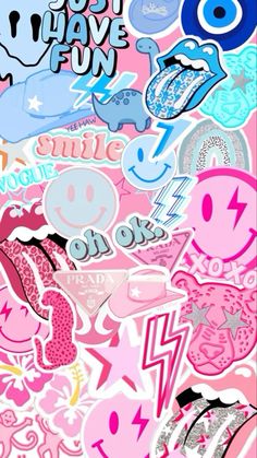 a bunch of stickers that are on top of each other in pink and blue