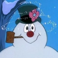 a snowman wearing a top hat with a pipe in his mouth and holding a stick