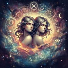 two women with long hair are surrounded by zodiac signs in the sky, and stars