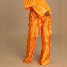 Fabulous Orange Pleated, Ruffle Pants High Waist Back Zipper Poly Spandex Mix Fully Lined Waist 26” Hip 36” Inseam 35” Front Rise 14” New With Tags Orange Party Trousers, Orange Wide Leg Pants For Party, Colorblock Pants, Orange Pants, Orange Satin, Ruffle Pants, Bright Spring, High Waisted Pants, Color Blocking