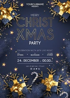 a christmas party flyer with presents on it