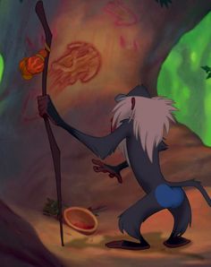 an animated character holding a stick in front of a tree