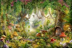 an image of a fantasy forest scene with mushrooms and other things in the woods,