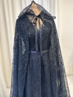 Celestial Hooded Cape Veil - Stars Bridal Cape - Fairy Fantasy Cover-up - Alternative Wedding Wrap - Dresses Dioma Moon Themed Wedding Dress, Celestial Ren Faire Outfit, Stars Aesthetic Outfit, Night Sky Outfit, Moon Princess Dress, Celestial Prom Dress, Hooded Cape Veil, Celestial Outfit, Cape Fantasy