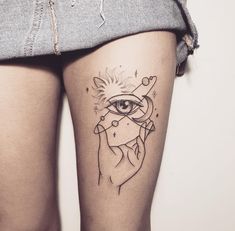 a woman's thigh with an eye tattoo on it