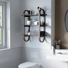 a white toilet sitting next to a bathroom sink under a mirror and shelf above it