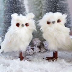 two small white owls standing next to each other on snow covered ground with trees in the background