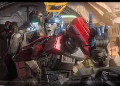 an animated image of some people in suits and helmets with arms out to each other