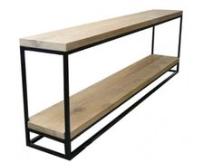 a wooden shelf with metal frame and shelves on the sides, against a white background