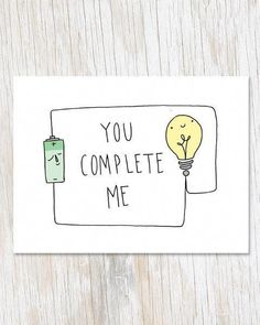 a card that says you complete me with a lightbulb on the front and an electrical outlet in the back