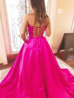 Prom Dresses Hot Pink, Dresses Hot Pink, Prom Dresses Long Pink, Dress Pictures, Prom Inspo, Strapless Evening Dress, Prom Dresses With Pockets, Long Prom Dresses, Satin Prom Dress