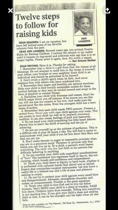 an old newspaper article with the words twelve steps to follow for raising kids on it