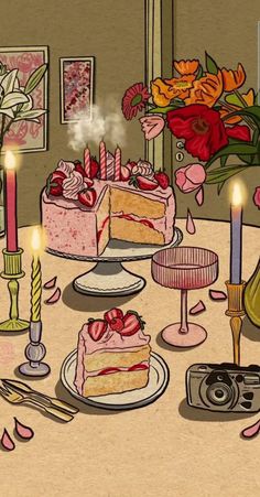 a table topped with lots of cake and candles