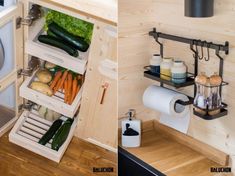 there are two pictures of the inside of a kitchen with vegetables and other things in it