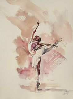 a watercolor painting of a ballerina in white and pink with her arms outstretched