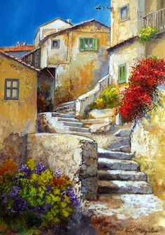 an oil painting of stairs leading up to houses and flowers in the foreground, with blue sky above