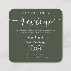 the leave us a review card is shown on a marble surface with white writing and green background