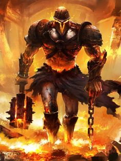 an image of a man in armor holding two swords and standing on fire with flames behind him