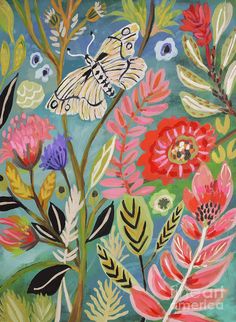 a painting of flowers and butterflies on a blue background