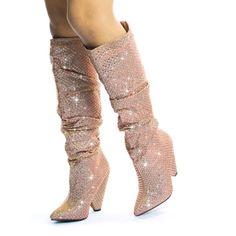 Elevate your style with these Pink Glitter Knee-High Slouch Boots! Featuring a chic pointy toe, chunky heel, and shimmering allure, they add a touch of glamour to any ensemble. Color: Pink Material: Glitter Heel Type: Chunky heel Heel Height: 4.72" / 120 mm approx Product measurements were taken using size 8. Please note that measurements may vary by size. Toe: Pointed toe Rhinestones embellishment Handcrafted US sizing. Fits true to size. Pink Glitter Boots, Rose Gold Boots, Pink Glitter Shoes, Knee Boots Outfit, Heel Knee High Boots, High Boots Outfit, Half Boots, Glitter Boots, Boots Chunky