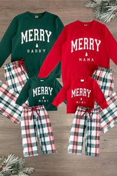 three matching christmas pajamas are shown on the floor