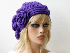 More hats here: https://www.etsy.com/shop/lasunka/?section_id=7504911 Purple crochet beret Womens knit hat with flower Oversized knit beret Amazing flower adorn this beret. Oversized knit beret is perfect for any hair style for teens and womens. Please convo me if you have any special requests for a different color or a different size. Womens knit hat with flower will be shipped by Hellenic Mail with delivery confirmation. As soon as the package is shipped, I'll send you the letter of confirmati Cute Beret, Winter Beret, Flower Knit, Cozy Gifts, Purple Crochet, Knit Beret, Knitted Beret, Crocheted Hats