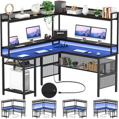 four computer desks with multiple screens on top and two laptops in the middle