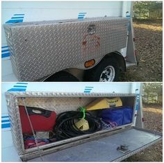 two pictures of the inside of a trailer with tools in it and on the outside