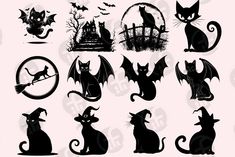 black and white halloween silhouettes with cats, bats, pumpkins and other decorations