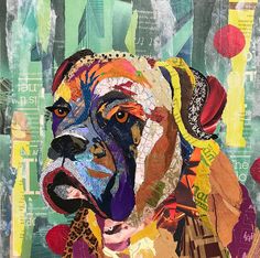 a painting of a dog with many different colors and patterns on it's face