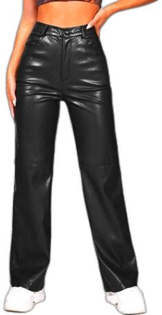 Edgy Wide Leg Pants For Work, Trendy Black High Waist Wide Leg Pants, Edgy High-waist Bottoms For Work, Edgy High Waist Workwear Bottoms, Edgy Straight Pants For Workwear, Edgy Black Wide Leg Pants For Fall, Chic Black Full Length Leather Pants, Casual Black Straight Leather Pants, Trendy Fitted Black Wide Leg Pants