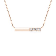 This bar necklace is crafted in 14k rose gold has a simple and minimal design. The high polish bar is horizontally suspended from the chain and adorned with prong-set brilliant round diamonds. Diamond Bar Necklace, Diamond Necklaces, Diamond Bar, Minimal Design, Bar Necklace, 18k Rose Gold, White Diamond, Diamond Pendant, Round Diamond