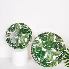 two plates with green leaves on them sitting next to each other in front of a white wall