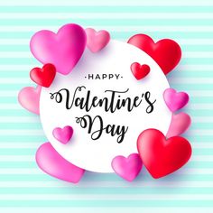 happy valentine's day card with hearts on blue and white striped wallpaper background