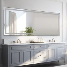 a bathroom vanity with two sinks and a large mirror above it, in front of a window