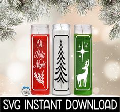 three christmas candles with the words svg instant download on them in red, white and green