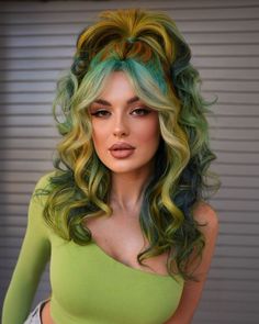 Start Your Green Hair Journey with These Stunning Ideas Colorful Hair Photoshoot, Blonde To Green Hair, Different Color Roots Hair, Editorial Hair Color, Dream Hairstyles, Dramatic Hair, Vivid Hair Color, Creative Hair Color, Human Hair Wigs Blonde