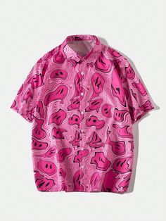 Pink Casual Collar Short Sleeve Fabric Cartoon,All Over Print Shirt Embellished Non-Stretch Summer Men Clothing Pink Short Sleeve Button Up Outfit, Colorful Shirts Men, Masc Rave Outfits, Pink Mens Outfits, Pink Fashion Men, Pink Shirt Men, Lapel Top, Loose Hoodie, Street Life