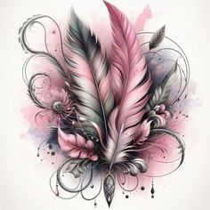 a drawing of a pink feather with swirls and flowers on it's side