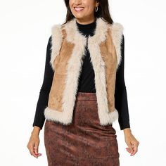 Jaclyn Smith Faux Suede Vest with Faux Fur Trim  Whether layered over your favorite sweater and jeans, or dressed up with a pencil skirt and boots for a night out on the town, this faux suede vest has you covered in luxury. Pencil Skirt And Boots, Sweater And Jeans, Faux Suede Vest, Skirt And Boots, Suede Vest, Jaclyn Smith, Favorite Sweater, Sweaters And Jeans, Black Beauty