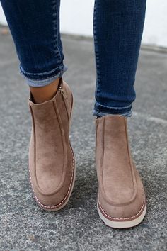 Step up your fall footwear game with these Taupe Tally Boots! 🍂 A perfect blend of style and comfort, featuring soft faux suede, a cozy side zip, and chic elastic panels for easy slip-on wear. Your new go-to for all your autumn adventures! 🚶‍♀️ Inside Zipper. ** Fit: Running BIG!! We are all sizing down 1/2 a size. Fall Winter Boots, Fall Footwear, Most Popular Shoes, Spring Hiking, Curvy Shorts, Trendy Boots, Winter Shoes For Women, Fall Winter Wardrobe, Slip On Boots