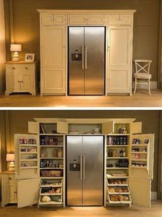 two pictures of refrigerators with doors open in the middle and on the right side