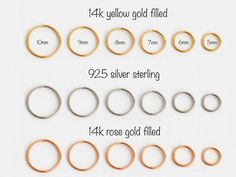 different sizes and shapes of rings on a white background with the measurements for each ring