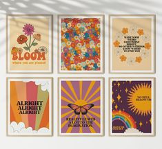 four posters with different sayings on them, each featuring flowers and sunbursts