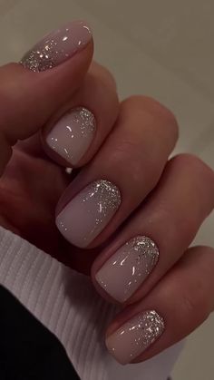 40 Cute Nails 2023 to inspire you Neutral Wedding Nails Square, Ivory Sparkle Nails, Sparkly Short Square Nails, Graduation Nails Ideas 2024, Summer Wedding Nails Bridesmaid, Short Bridesmaid Nails, Glitter Base Nails, Simple New Years Eve Nails, New Years Short Nails